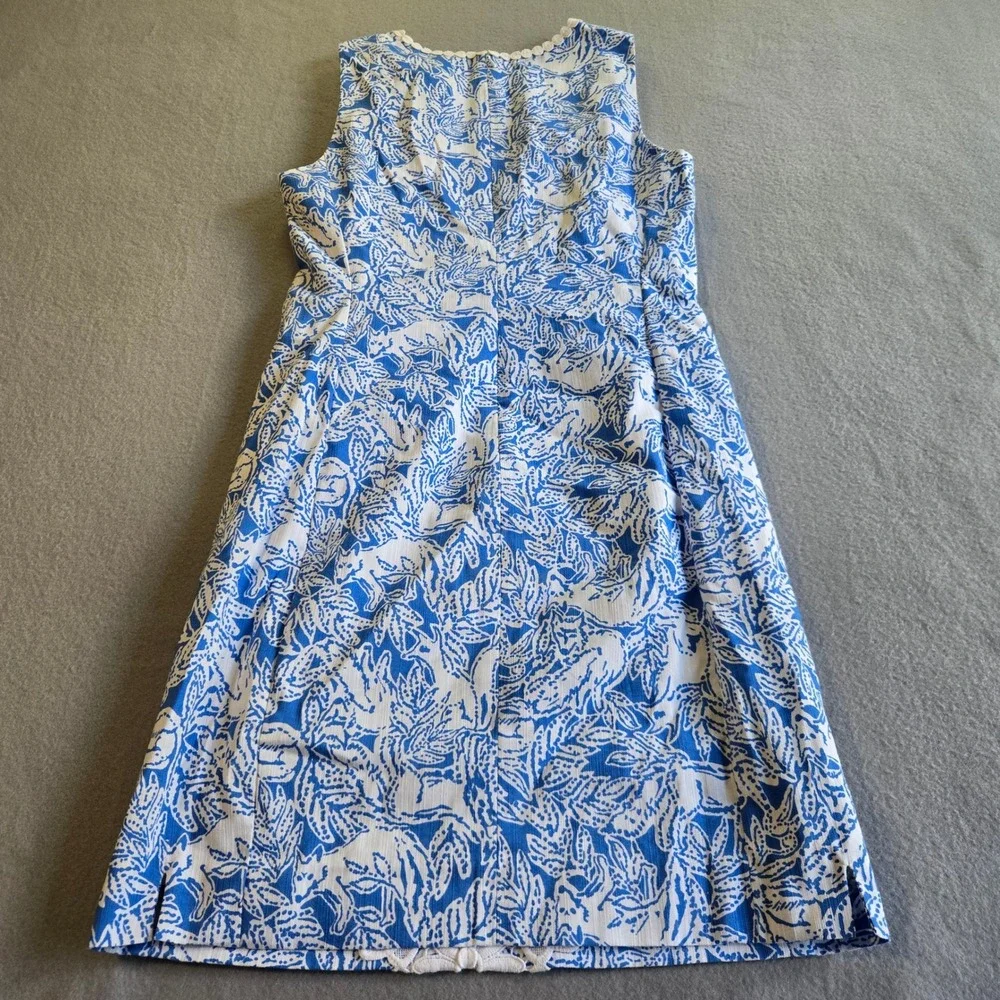 Lilly Pulitzer Shift Dress Womens 4 Blue White Tropical Lace Front Applique
